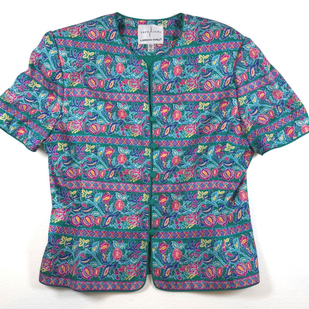Vintage Adrianna Papell Silk Blouse Green Floral Button Front Top Size 14